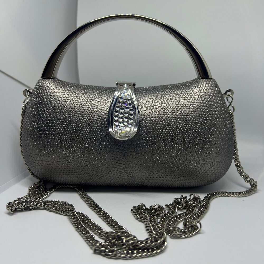 Elegant Pewter Silver Faux Stingray Evening Clutch Hard Shell w/ Crystal Clasp